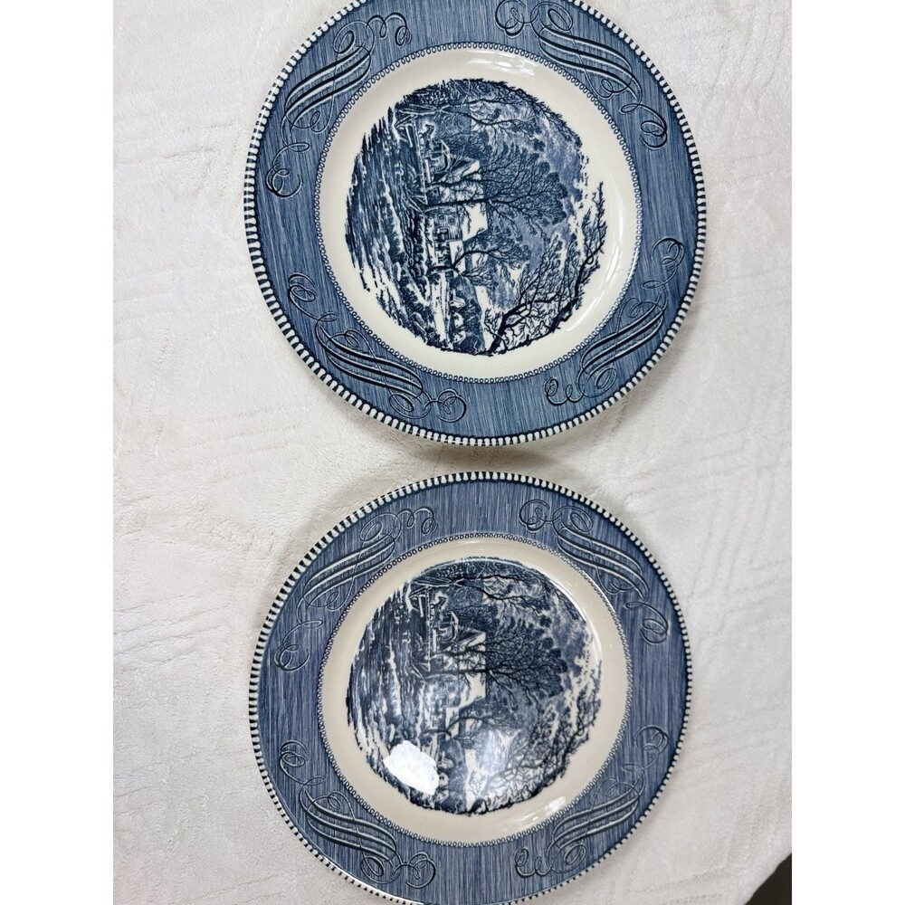 Currier and Ives Vintage Blue White Dishes 2 Dinner Plates Horse Winter